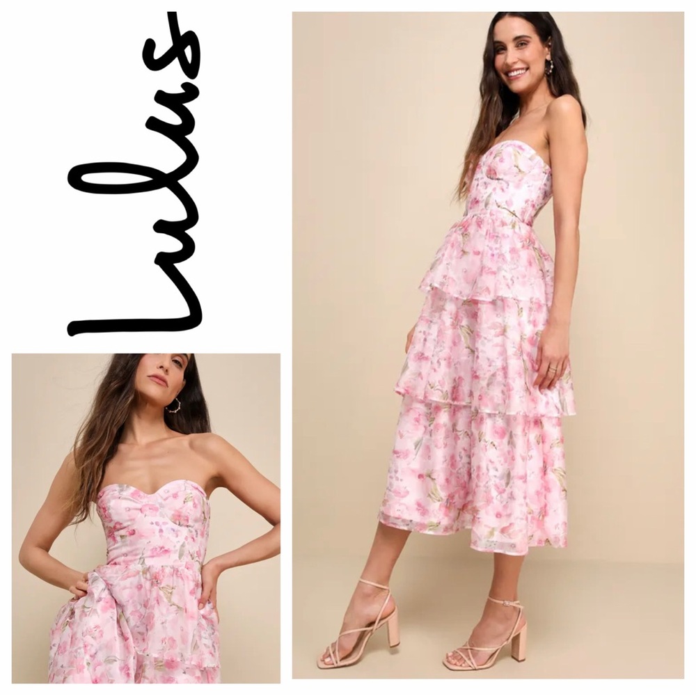 NWT Lulu’s Pristine Cutie Light Pink Floral Organza Bustier Midi Dress Sz: S